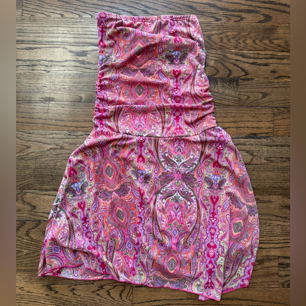 Xhilaration Pink Paisley Strapless Mini Dress Size M Ruched Bubble Hem Summer